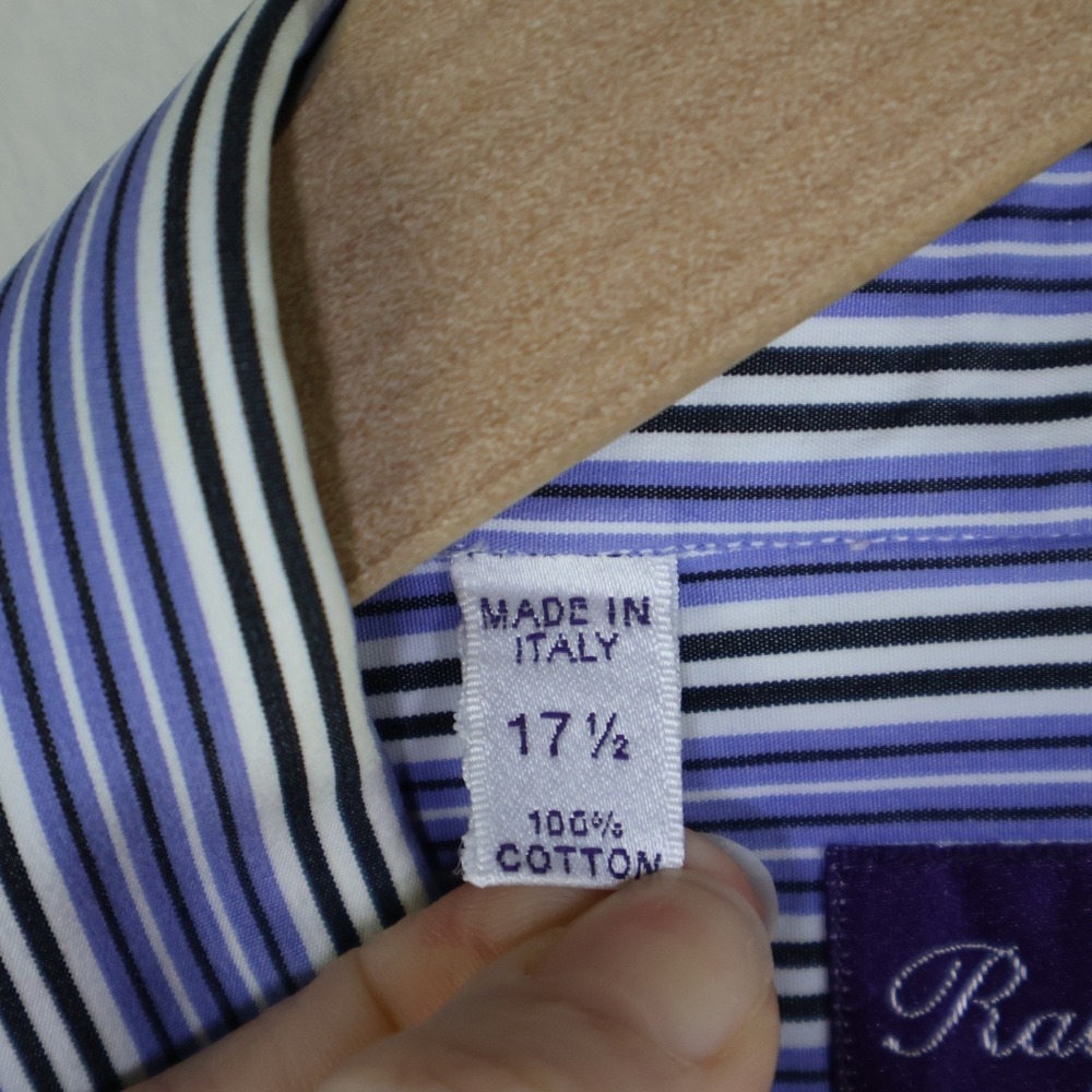 Ralph Lauren Purple Label Mens 17.5 Blue Striped Dress Shirt Italy French Cuff‎ - Picture 4 of 12
